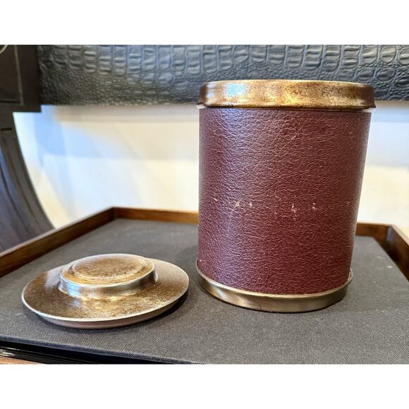 Vintage 50's Cigar Tobacco Humidor Canister Faux Leather & Metal w/Aztec Stone - Picture 6 of 8